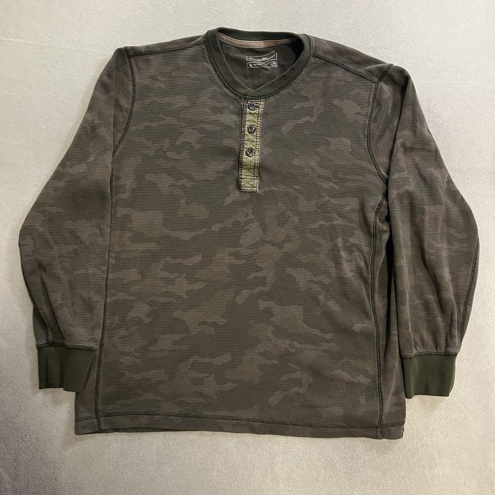 Eddie Bauer Thermal Henley Shirt Mens Size XLT Camo Long Sleeve Waffle Knit Tee